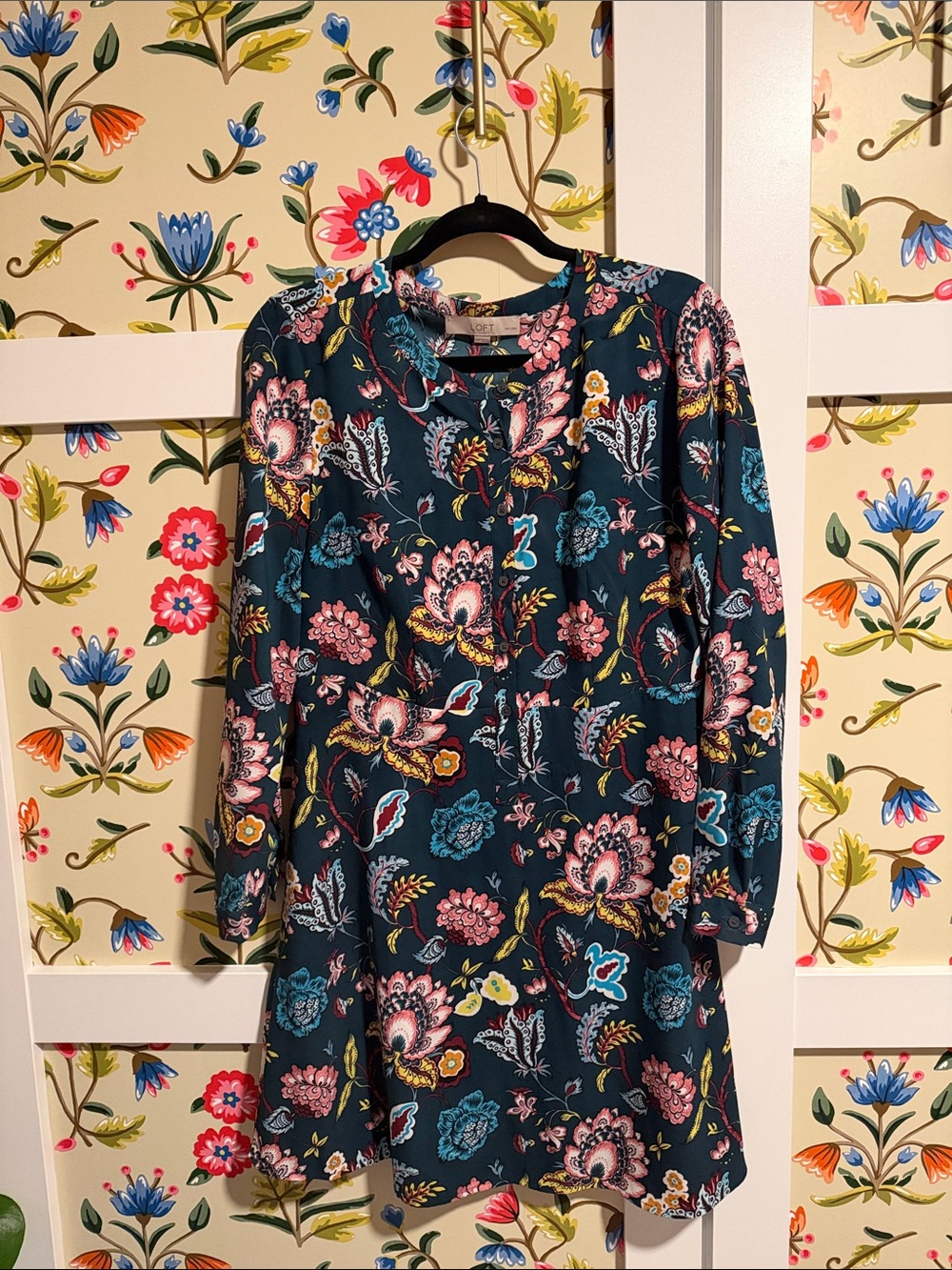 LOFT Dark Teal Floral Long-Sleeve A-Line Dress